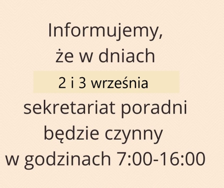 2 września Zmiana godzin pracy sekretariatu